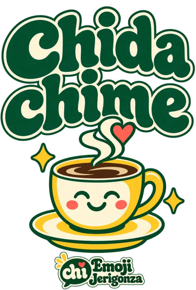 Diseño de la primera camiseta: Chida chime sobre una taza de café sonriente, en verde, crema y amarillo.